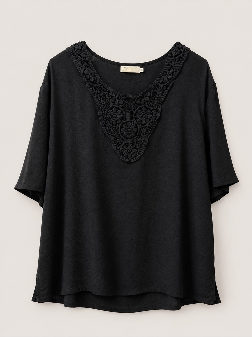 Women's Black Crochet V-Neck Short Sleeve Top